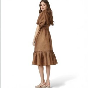 Maggy London Polka Dot Midi Dress Peasant Sleeves Brown Cream Size 6